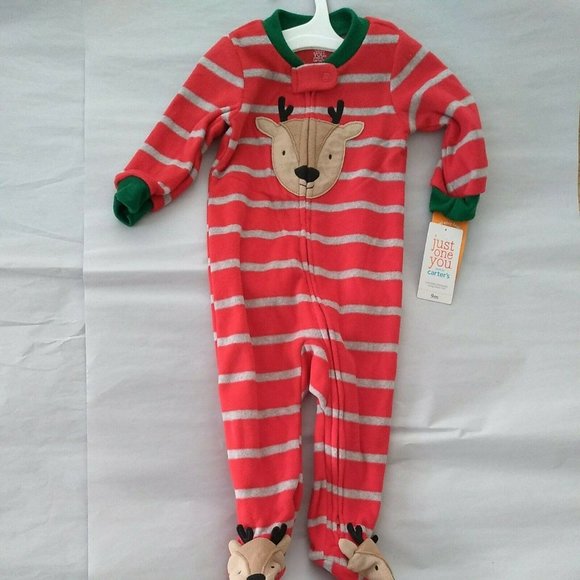 9 M Baby Christmas Reindeer Stripes red Pajamas Just One You Carter's - Picture 1 of 4